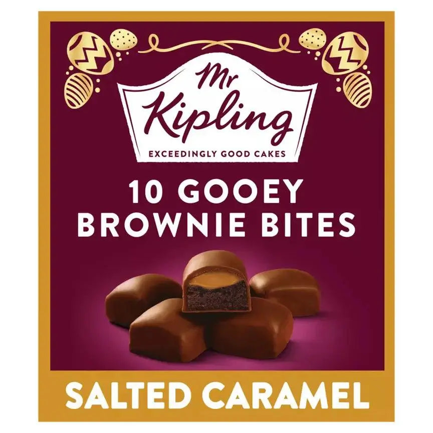 Mr Kipling 10 Gooey Brownie Bites pack featuring salted caramel flavor, perfect for vegetarians and dessert lovers.