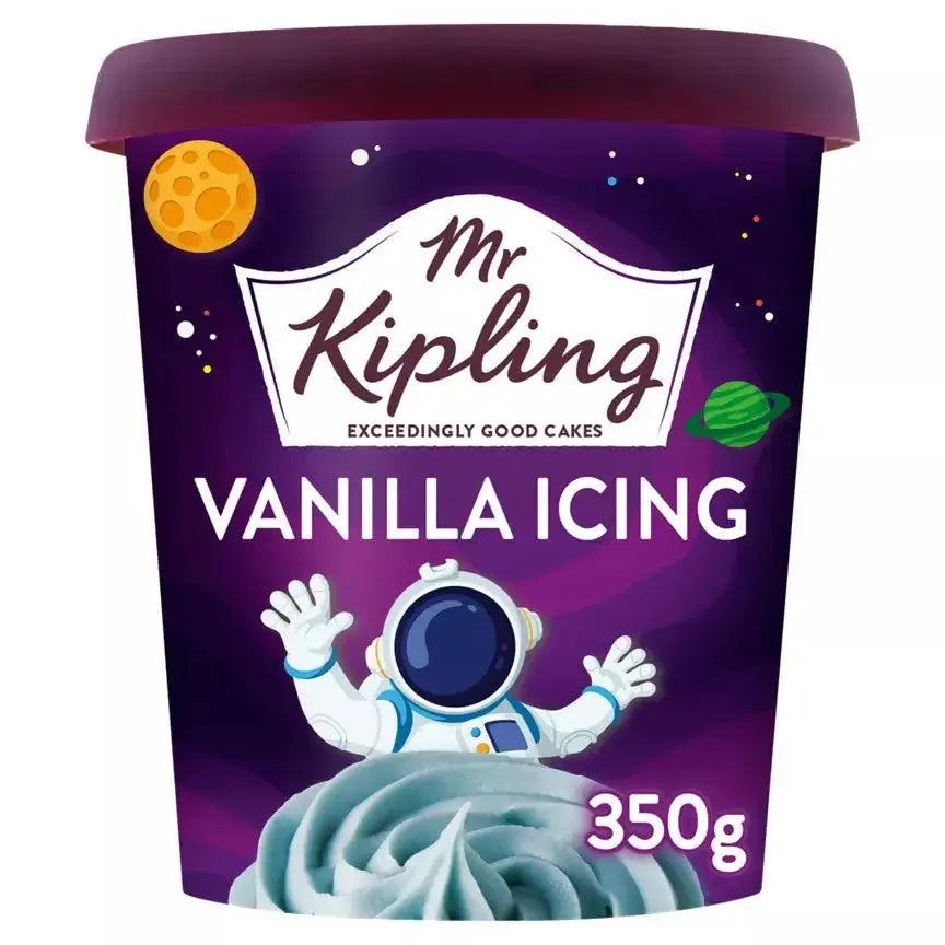 Mr. Kipling Vanilla Icing 350g tub, fun design, suitable for vegetarians, perfect for cake decoration.