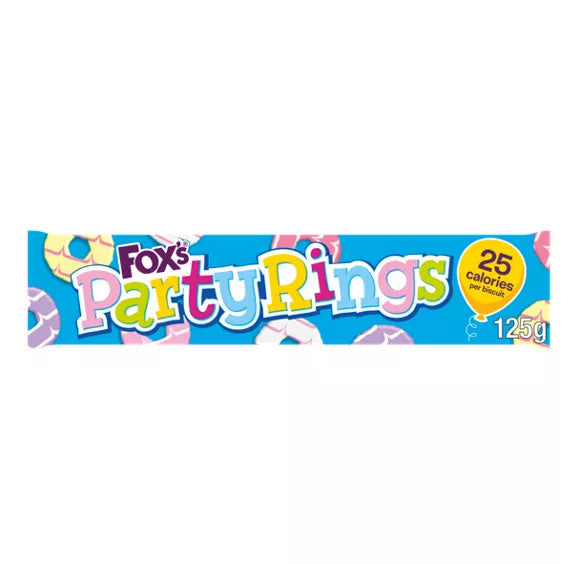 Fox's Biscuits Party Rings 125g packaging featuring colorful icing and 25 calories per biscuit.