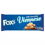 Fox's Biscuits Viennese Milk Chocolate 120g packaging featuring buttery biscuits and rich chocolate.