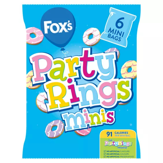 Fox's Biscuits Party Ring Minis 6 Pack, colorful iced ring biscuits, 91 calories per bag, perfect sweet treat.