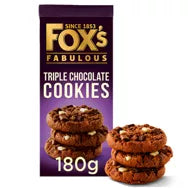 Fox's Biscuits Triple Chocolate Cookies 180g pack with cookies displayed in front, suitable for vegetarians.