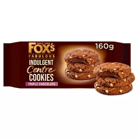 Fox's Fabulous Indulgent Centre Cookies 160g pack featuring triple chocolate cookies.