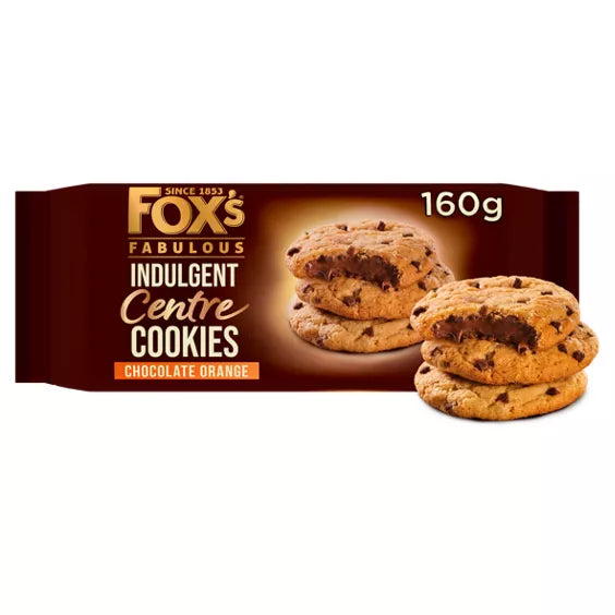 Fox's Fabulous Indulgent Centre Cookies 160g pack featuring chocolate orange cookies.