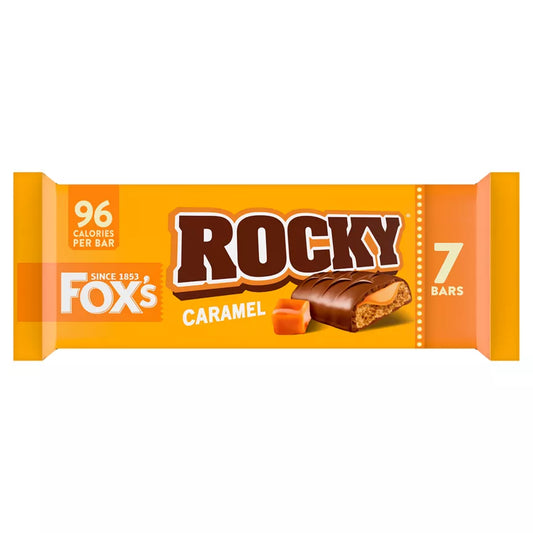 Fox's Rocky Bars 7 x 19g pack featuring caramel flavor, 96 calories per bar, perfect for vegetarians.