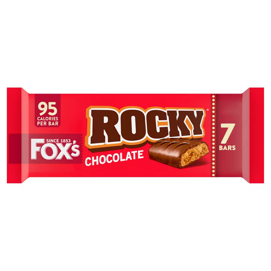 Fox's Rocky Bars 7 x 19g chocolate biscuit bars with 95 calories per bar, suitable for vegetarians, may contain nuts.