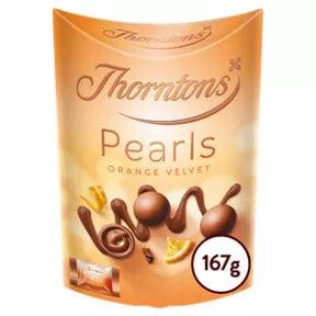 Thorntons Pearls Orange Velvet 167g chocolate confectionery, suitable for vegetarians, features a rich orange flavor.