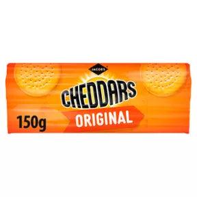 Jacob's Baked Cheddars Cheese Crackers 150g pack, suitable for vegetarians with a rich cheesy flavor.