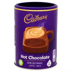 Cadbury Drinking Hot Chocolate can showcasing rich chocolate drink mix, suitable for vegetarians with allergen advice.