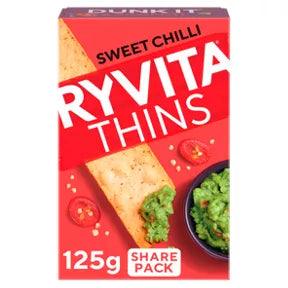 Ryvita Thins Flatbread Crackers 125g Sweet Chilli flavor, perfect for dipping, vegetarian-friendly.