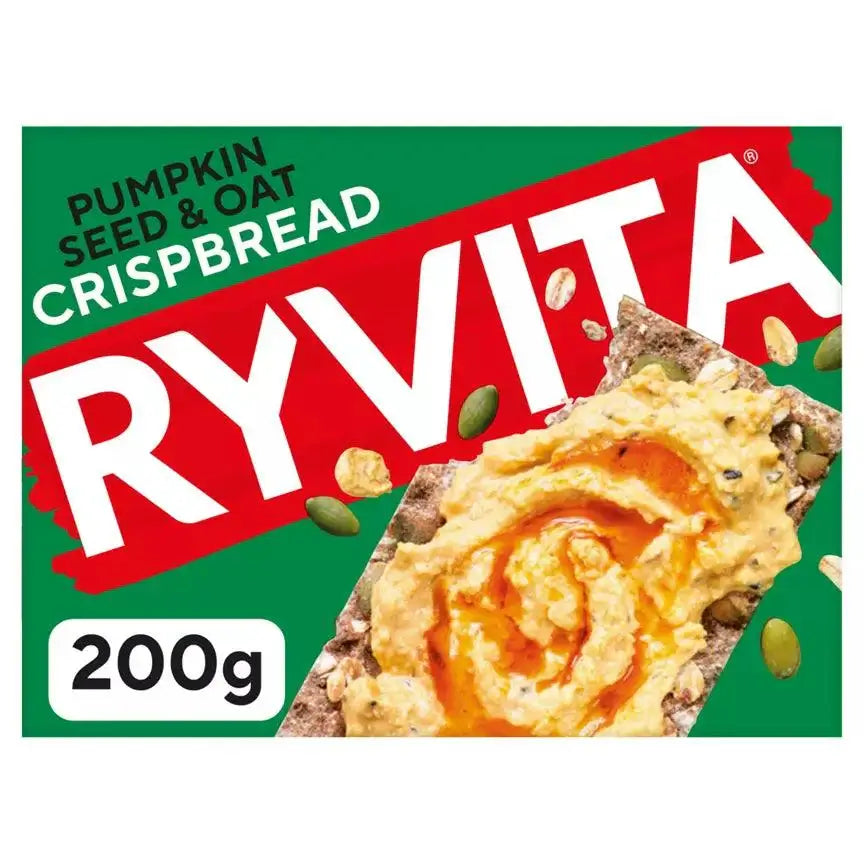 Ryvita Crispbread Pumpkin Seed & Oat Crackers 200g packaging with a delicious topping, suitable for vegans.