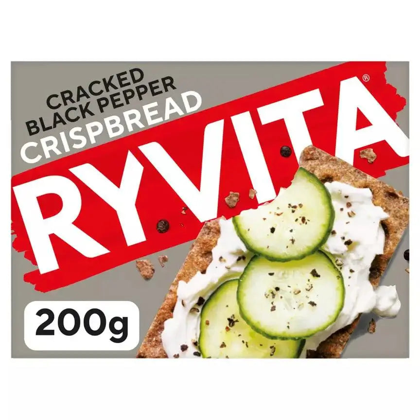 Ryvita Cracked Black Pepper Crispbread 200g packaging with cucumber and cream cheese garnish.