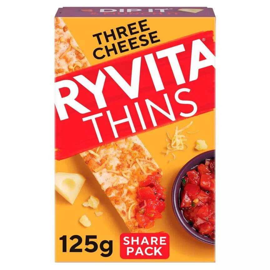 Ryvita Thins Three Cheese Flatbread Crackers packaging, 125g share pack, ideal for dipping and vegetarian-friendly.
