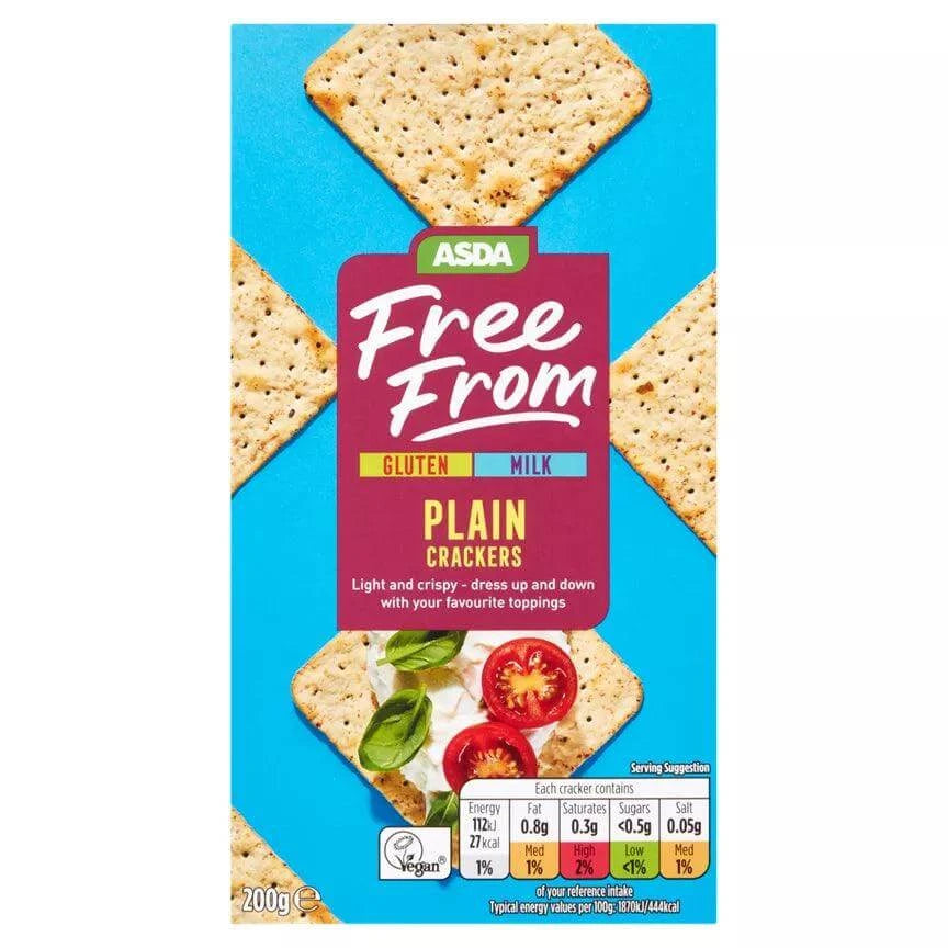 ASDA Free From Plain Crackers 200g pack, gluten and milk-free, perfect for healthy snacking and toppings.