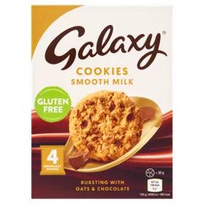 Galaxy Cookies Smooth Milk 4x30g pack, gluten-free, bursting with oats and chocolate, suitable for vegetarians.