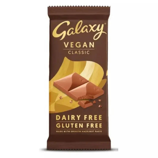 Galaxy Vegan Chocolate Bar 100g packaging featuring dairy-free and gluten-free labels, suitable for vegans and vegetarians.
