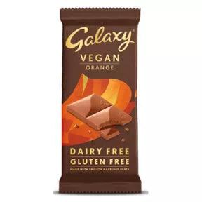 Galaxy Vegan Chocolate Bar 100g in orange flavor, dairy and gluten free, suitable for vegans and vegetarians.