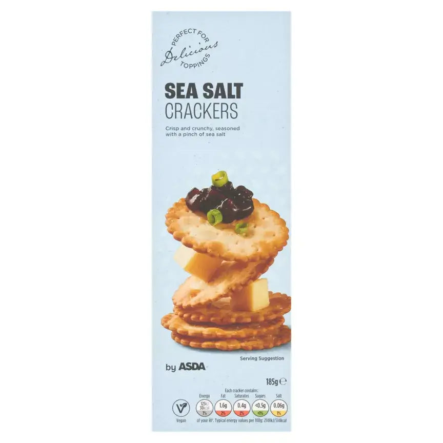 ASDA Sea Salt Crackers 185g package featuring crunchy crackers topped with cheese and olives.