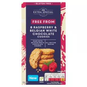 ASDA Extra Special Free From Raspberry and Belgian White Chocolate Cookies, gluten-free treat in a colorful packaging.