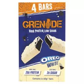 Grenade Oreo Bars pack, 4x60g, high protein, low sugar snack bars, featuring white chocolate coating.