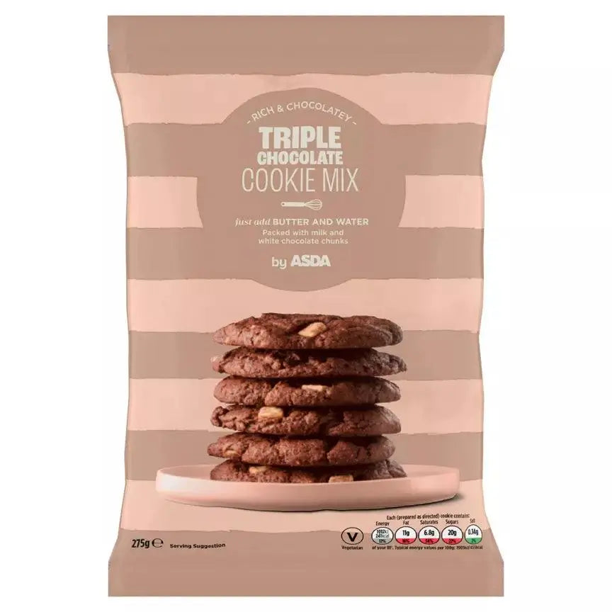 ASDA Triple Choc Cookie Mix 275g package featuring stacked chocolate cookies.