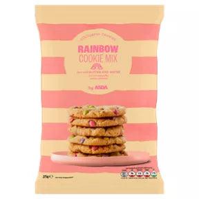 ASDA Rainbow Cookie Mix 275g packaging with colorful cookies, perfect for easy baking and fun treats.