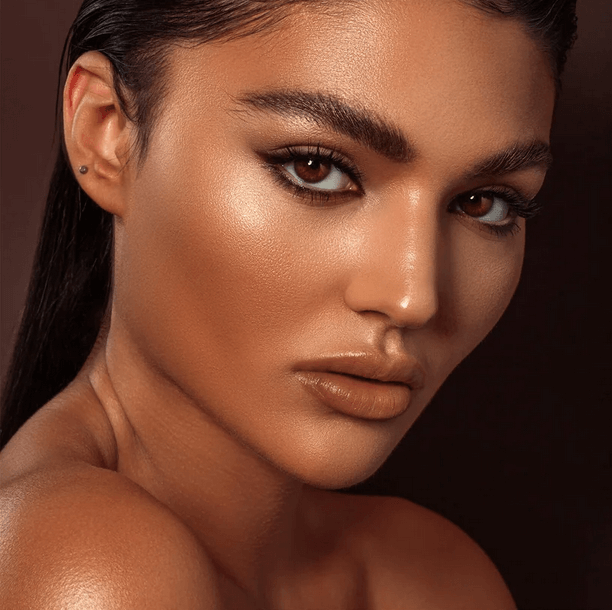 Elegant close-up of a model showcasing radiant skin with a sun-kissed glow, featuring bronzer and highlighter effects.