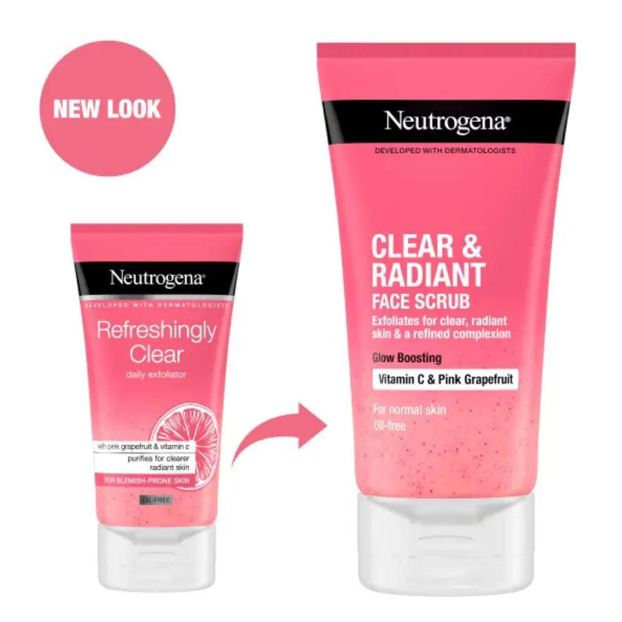 Neutrogena Refreshingly Clear Daily Exfoliator 150ml face scrub with vitamin C and pink grapefruit for radiant skin.