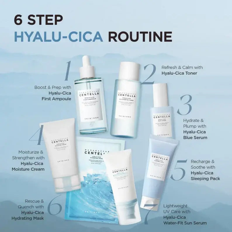 Skin1004 6-step Hyalu-Cica skincare routine with products on a light blue background