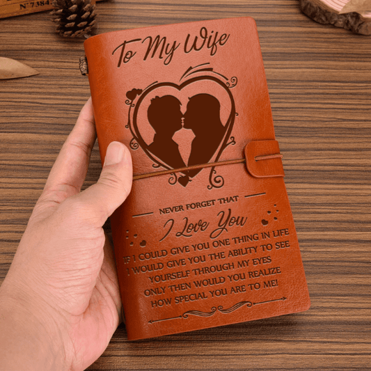Handcrafted vintage PU leather notebook with engraved love message for wife, perfect anniversary gift.