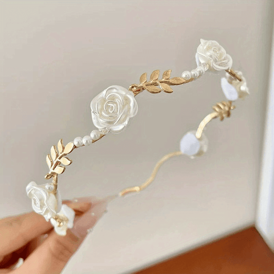 Rose faux pearl hair hoop with vintage floral design, perfect for princess-style headwear, made from iron alloy.
