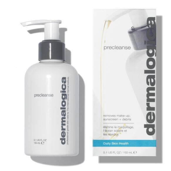 Dermalogica Precleanse cleanser bottle and box packaging for deep skin cleansing and makeup removal.