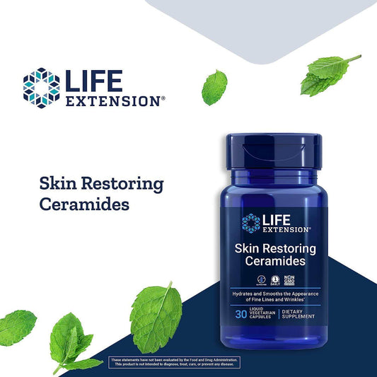 Life Extension Skin Restoring Ceramides supplement for hydration and reducing fine lines, in a blue bottle with green mint leaves.