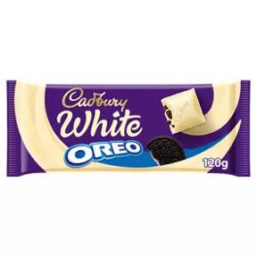 Cadbury White Chocolate Bar with Oreo 120g packaging, suitable for vegetarians, may contain nuts, featuring milk and wheat ingredients.
