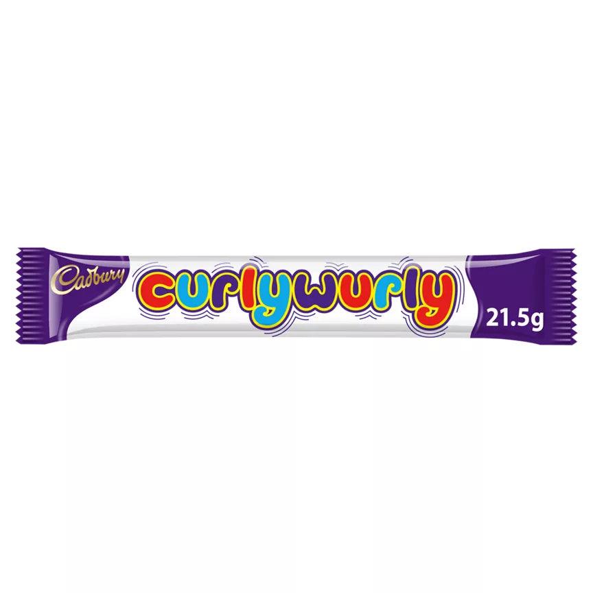 Cadbury Curly Wurly Milk Chocolate Bar 21.5g packaging, suitable for vegetarians, contains milk allergens.