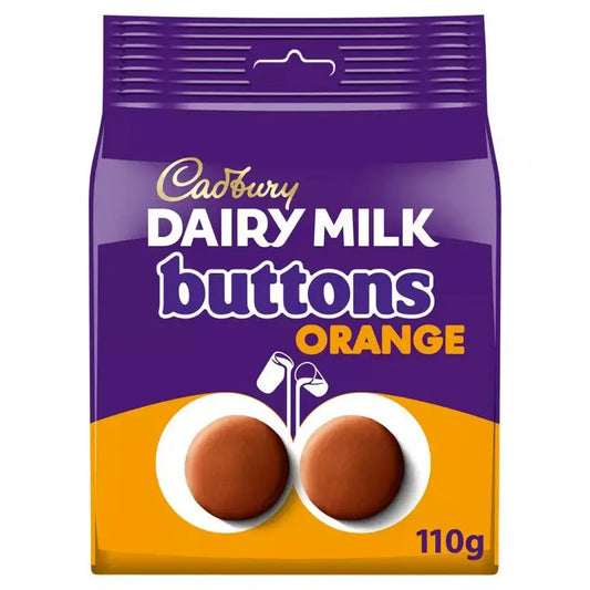 Cadbury Dairy Milk Buttons Orange Chocolate Bag 110g, suitable for vegetarians, creamy chocolate buttons in convenient packaging.