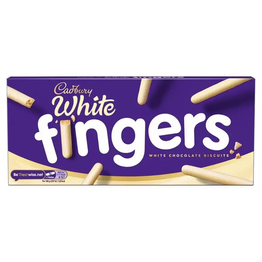 Cadbury White Fingers biscuits box featuring white chocolate treats, ideal for snacking and suitable for vegetarians.