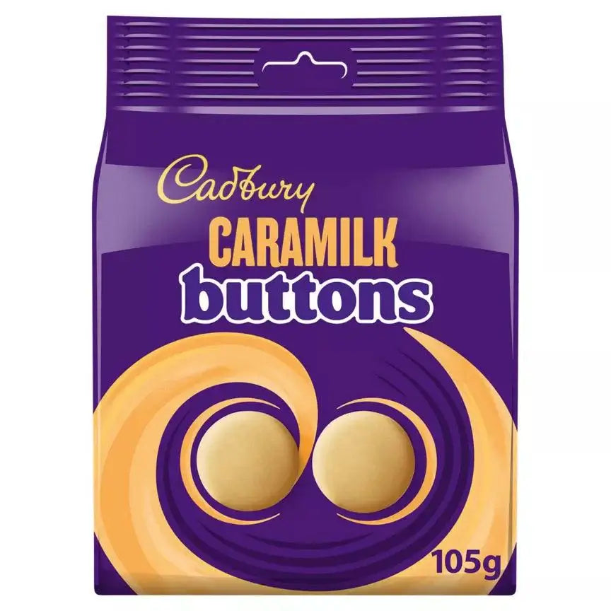 Cadbury Caramilk Buttons Golden Caramel Chocolate Bag 105g, suitable for vegetarians, delicious sweet treat.