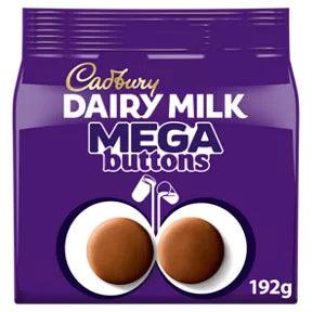Cadbury Dairy Milk Mega Buttons Chocolate Sharing Bag 192g, suitable for vegetarians, containing milk allergens.