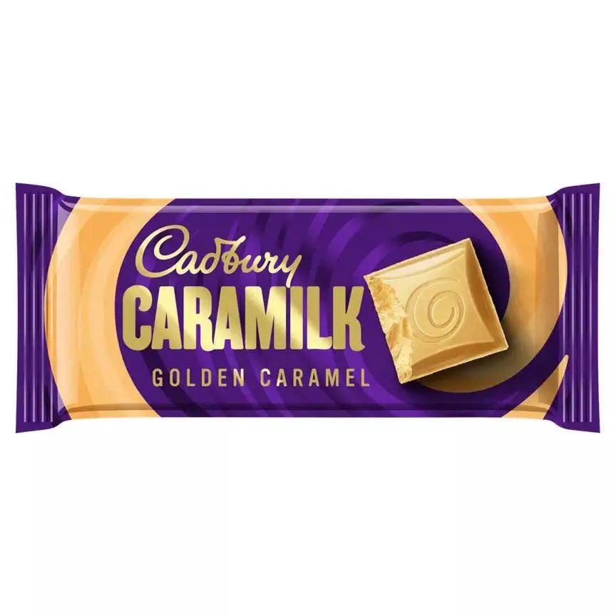 Cadbury Caramilk Golden Caramel Chocolate Bar 160g packaging featuring golden caramel and purple design.