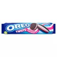 Oreo Twists Vanilla & Raspberry Flavour pack showing 157g of delicious cookies suitable for vegetarians.