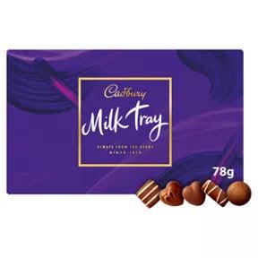 Cadbury Milk Tray 78g box with assorted chocolates, suitable for vegetarians and may contain nuts.