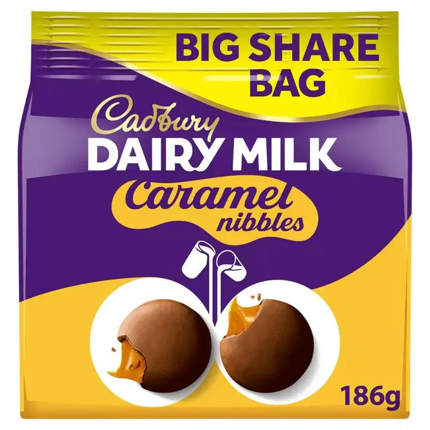 Cadbury Dairy Milk Caramel Nibbles 186g chocolate sharing bag with caramel-filled treats, suitable for vegetarians.