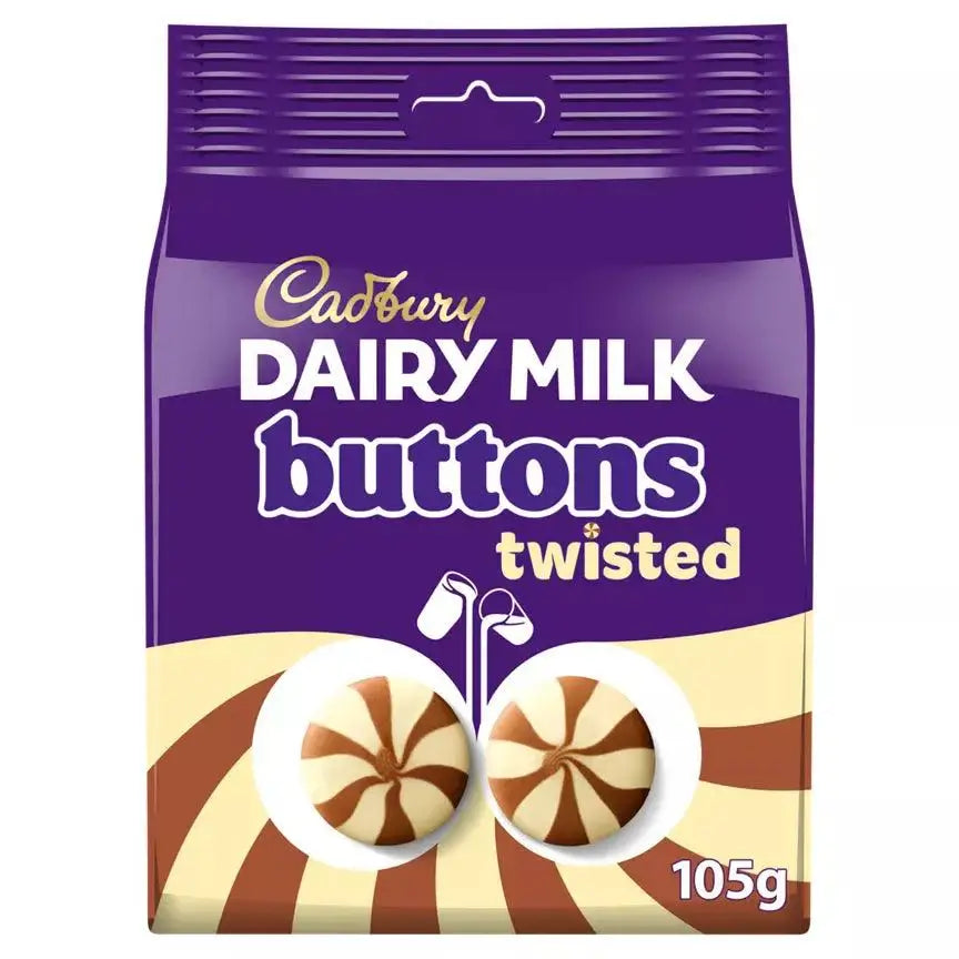 Cadbury Dairy Milk Buttons Twisted Chocolate Bag 105g, suitable for vegetarians, featuring unique twisted chocolate buttons.