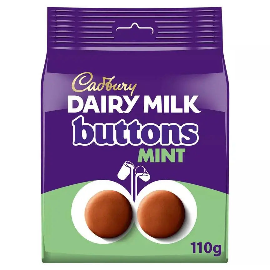Cadbury Dairy Milk Buttons Mint 110g chocolate bag, perfect for vegetarians and chocolate lovers.