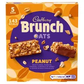 Cadbury Brunch Bar 5 Pack 160g featuring peanut oat bars, suitable for vegetarians, crunchy and chocolaty.