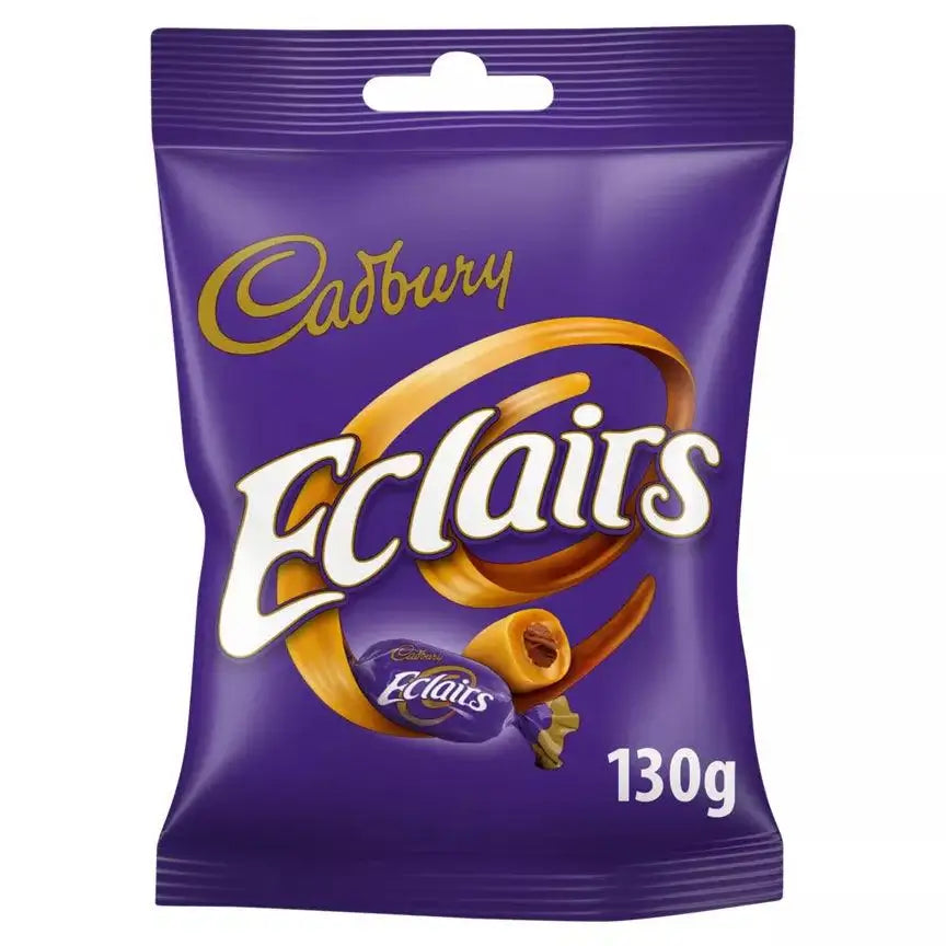 Cadbury Eclairs Classic Chocolate Bag 130g, vegetarian-friendly sweet treat with rich chocolate flavor.