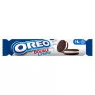 Oreo Double Stuff Biscuits 157g pack with two cookies showcasing the cream filling, suitable for vegetarians.