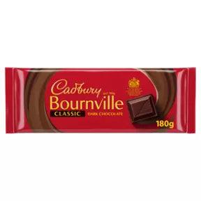 Cadbury Bournville Classic Dark Chocolate Bar 180g packaging featuring rich dark chocolate.