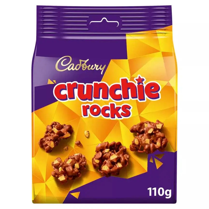 Cadbury Crunchie Rocks Milk Chocolate Bag 110g with crunchy bites, suitable for vegetarians, may contain nuts and wheat.